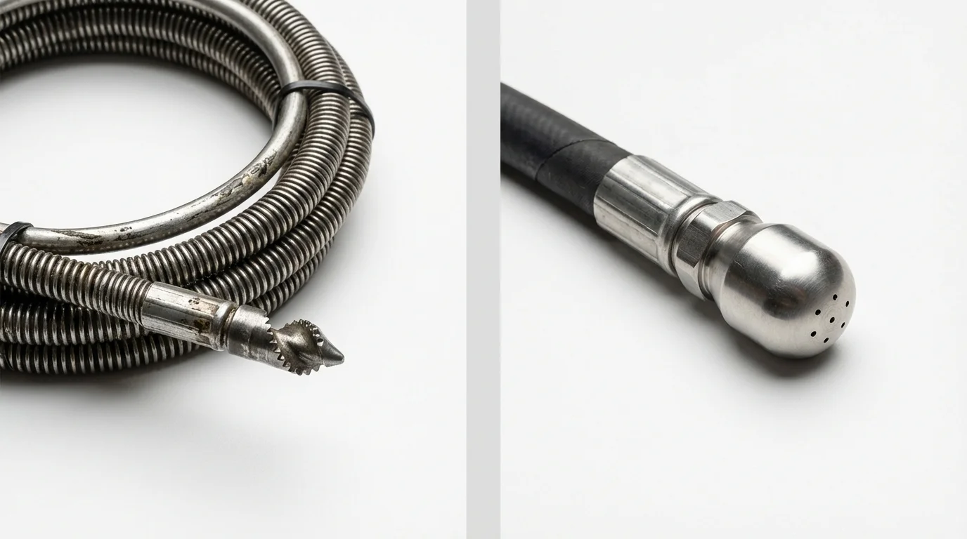 Drain snake cable and hydro jetting nozzle used for drain cleaning in Johnstown, OH