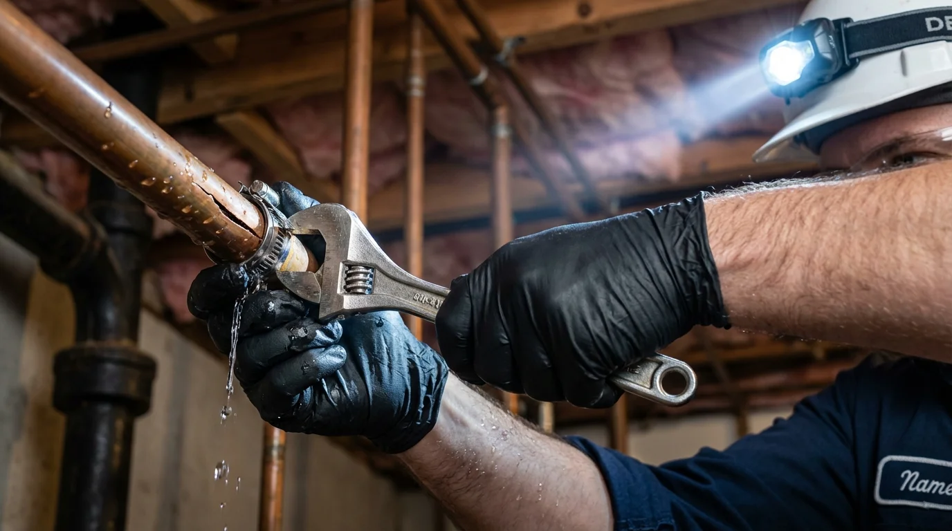 Emergency pipe clamp repair being performed by a Johns Plumbing LLC plumber in Johnstown