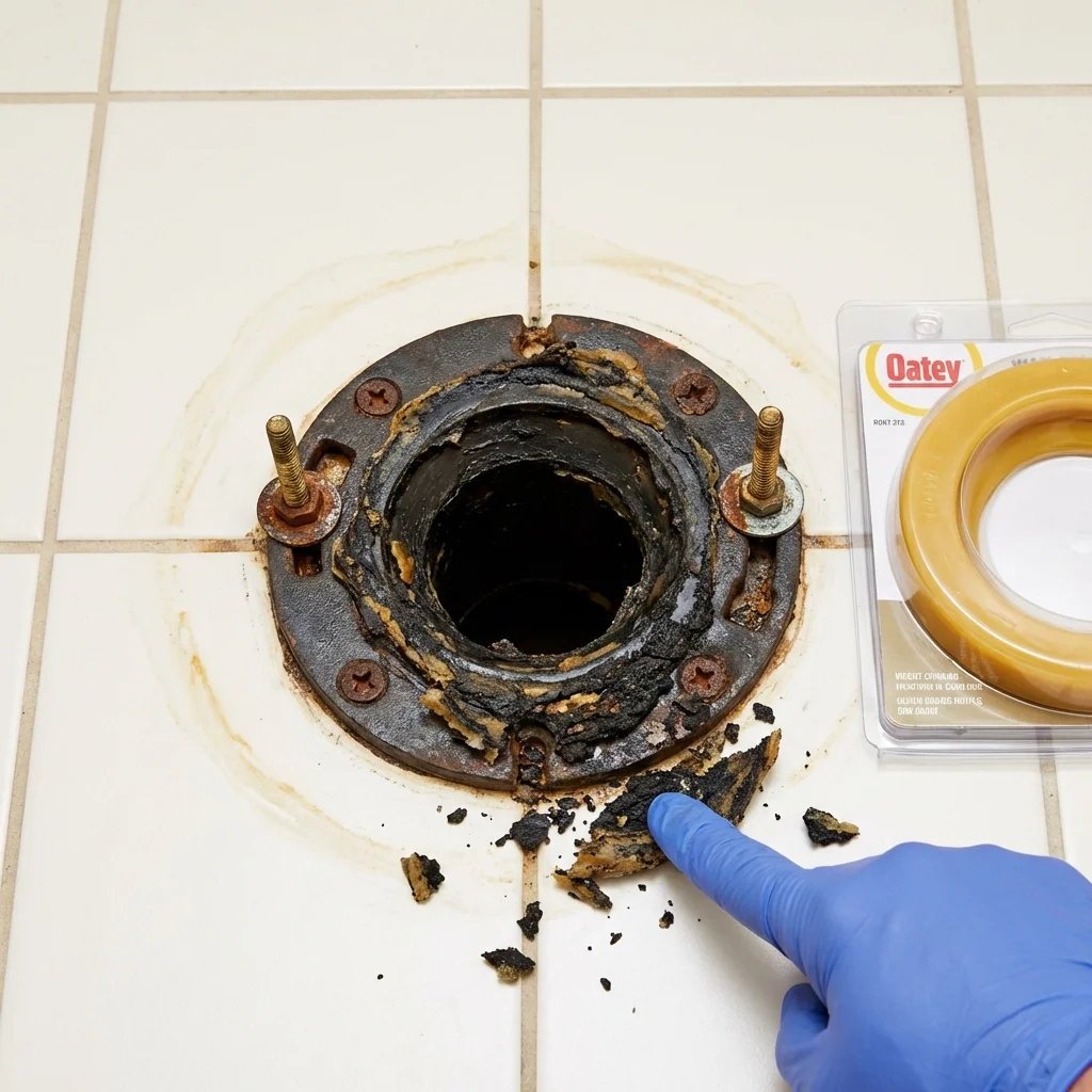 Failed wax ring showing water seepage at the base of a toilet in a Johnstown, OH home